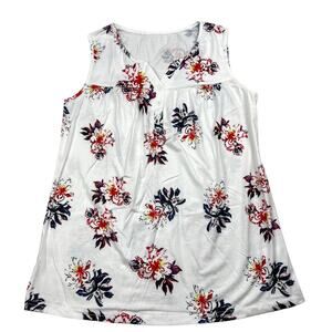 Women's Medium White Floral Sleeveless Blouse Flowy Tank Flare V Neck Button Top
